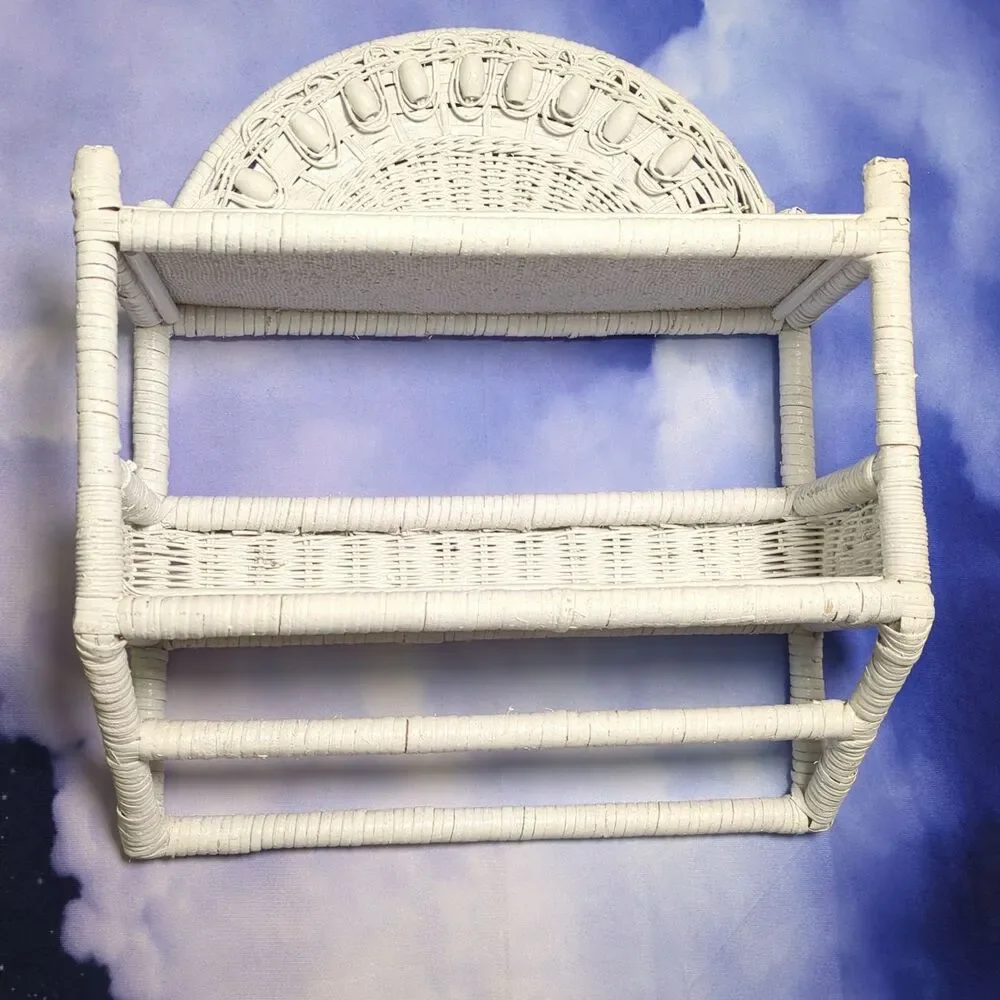 Vintage White Wicker Rattan Hanging Wall Shelf Boho Cottagecore Peacock Style